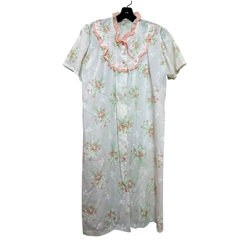 Vintage Robe Womens Small White Pink Floral Ruffle Pintuck Housecoat Cottagecore